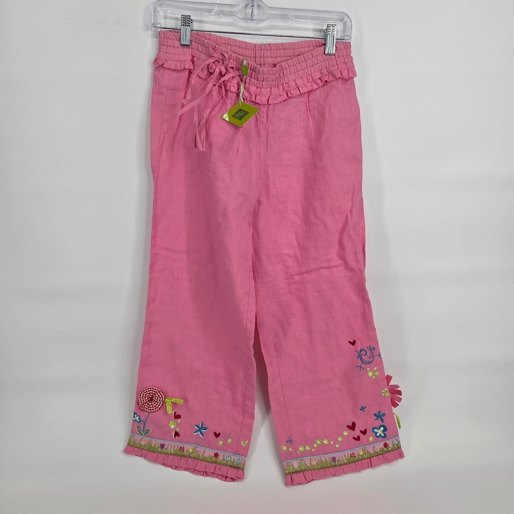 Oilily Embroidered Linen Pants 152 Pink Art-Inspired Eclectic Boho Ruffle Hem